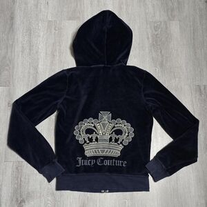 Vintage Y2K Juicy Couture Navy Velvet Zip-Up Hoodie Crown Rhinestones